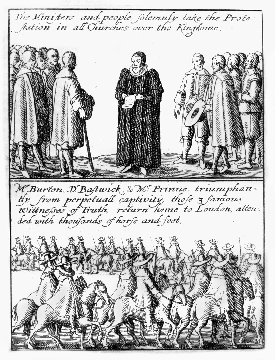 Pánové skládající „přísahu Et cetera“; koňský průvod doprovázející propuštěné pamfletisty do Londýna od Wenceslaus Hollar