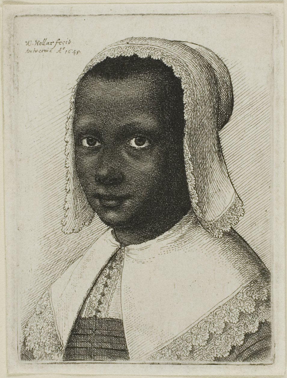 Hlava černošky s krajkovým šátkovým kloboukem od Wenceslaus Hollar