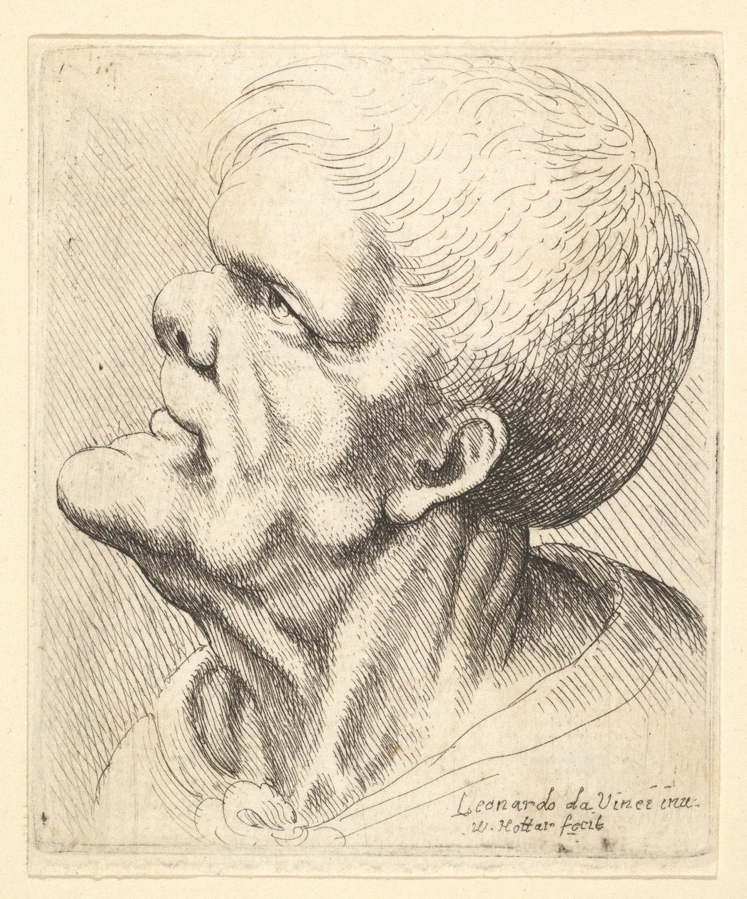 Hlava muže s vyčnívající bradou a tupým nosem hledícím nahoru z profilu vlevo, 1625-77. od Wenceslaus Hollar