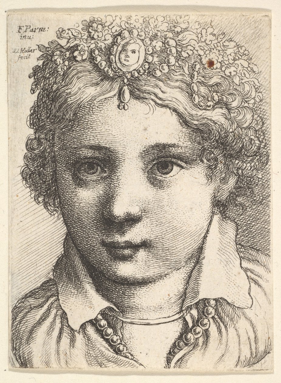Hlava mladé dívky s čelenkou zdobenou drahokamy, ca. 1645. od Wenceslaus Hollar