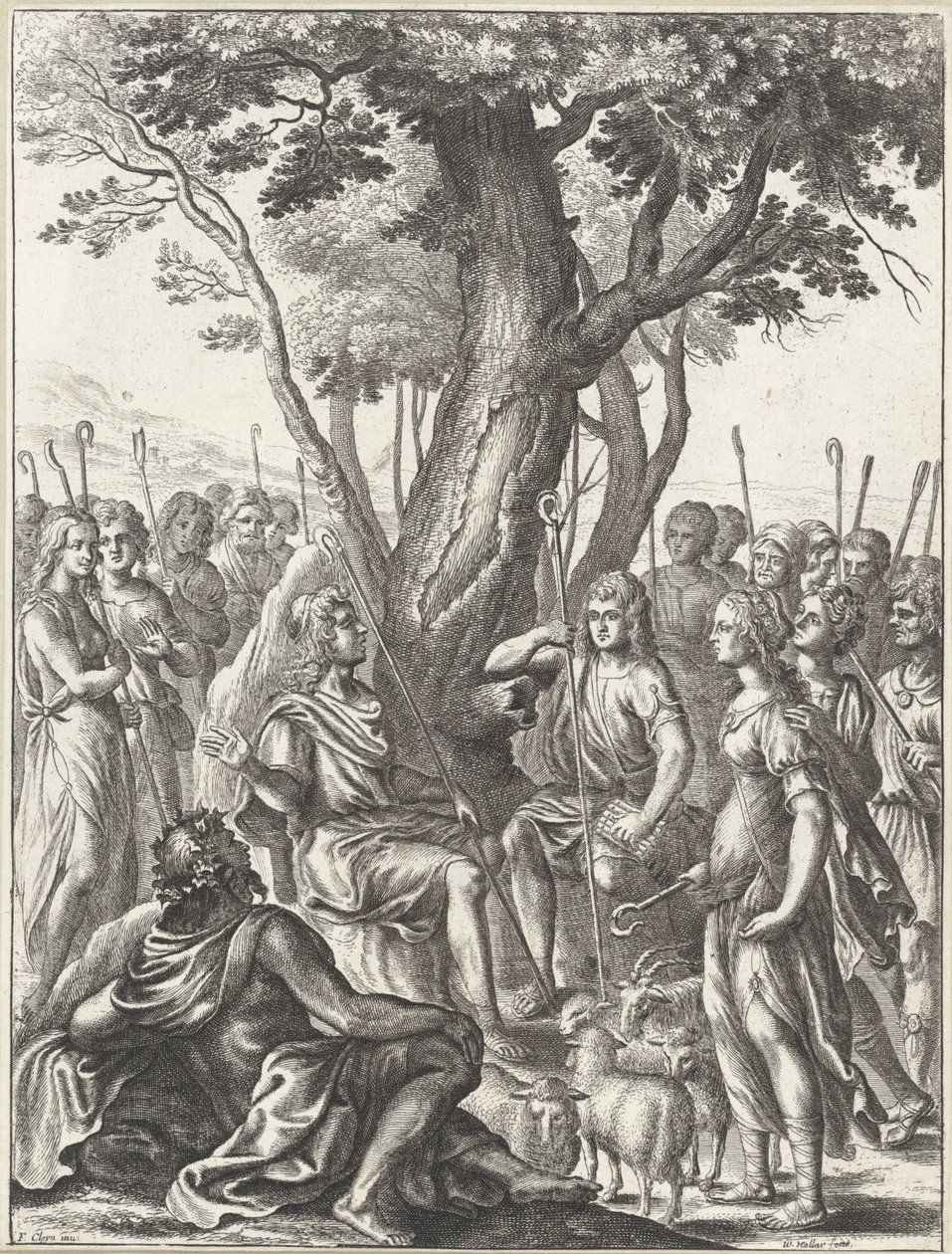 Pastýř Meliboeus soudí hru pastýřů Corydona a Thyrsis Works of Virgil (název série) od Wenceslaus Hollar
