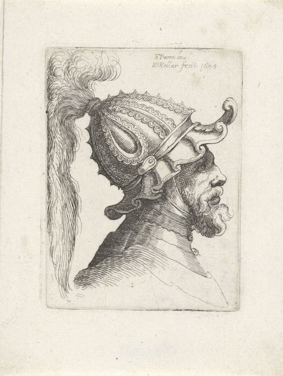 Hlava muže s opeřenou helmou Vydejte se s helmami do Parmigianina (název série) od Wenceslaus Hollar