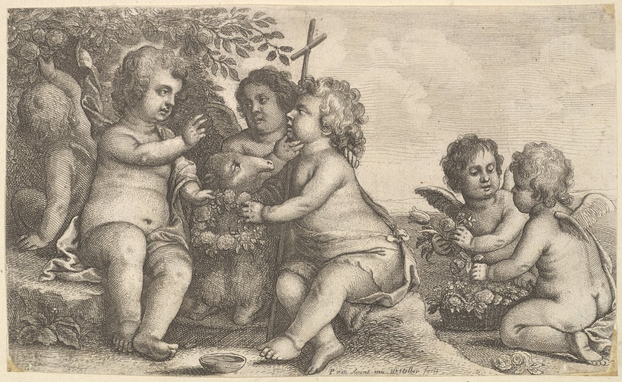 Ježíš, sv. Jan Křtitel a čtyři cherubové, 1625-77. od Wenceslaus Hollar