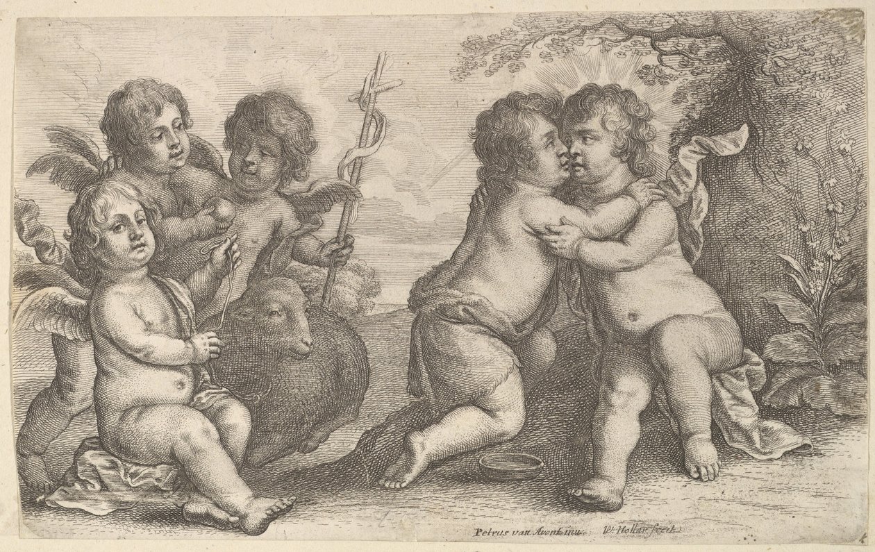 Ježíš a sv. Jan objímající se, s cherubíny, 1646. od Wenceslaus Hollar