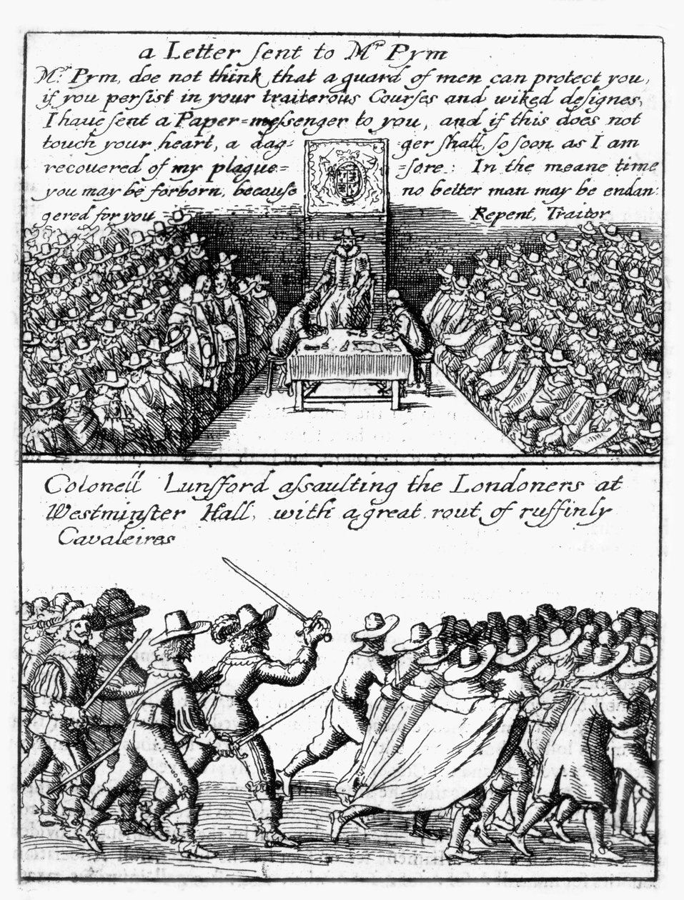 John Pym četl dopis v Dolní sněmovně; Plukovník Thomas Lunsford a jeho vojáci útočící na Londýňany od Wenceslaus Hollar