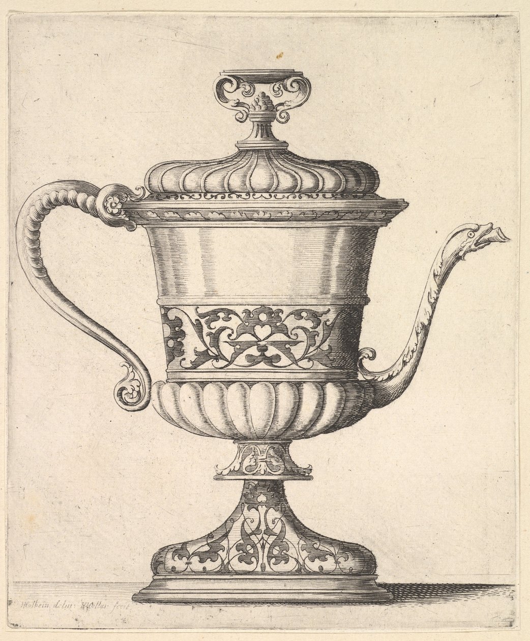 Džbán s víkem, rytý arabeskový vzor, úzká hubice vpravo zakončená hadem..., 1625-77. od Wenceslaus Hollar