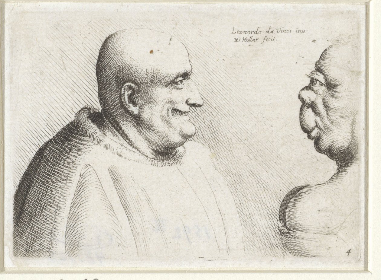 Hlavy velkého holohlavého muže a groteskní ženy Varie figurae et probae (název série) Karikatury, hlavy a deformace po Leonardu da Vinci (název série) od Wenceslaus Hollar