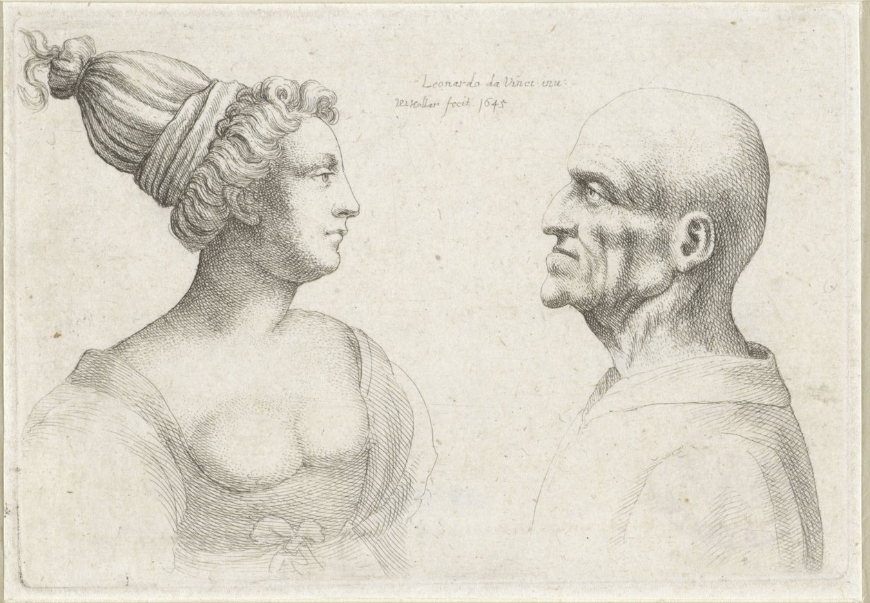 Hlavy holohlavého muže a ženy s turbany Varie figurae et probae (název série) Karikatury, hlavy a deformace po Leonardu da Vinci (název série) od Wenceslaus Hollar