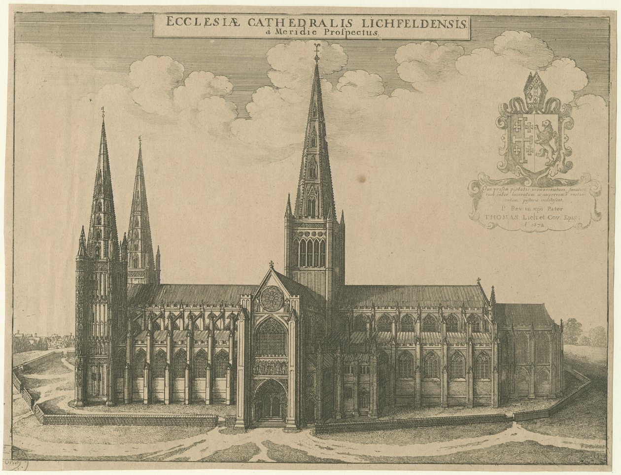 Lichfield Cathedral - South View: rytina od Wenceslaus Hollar
