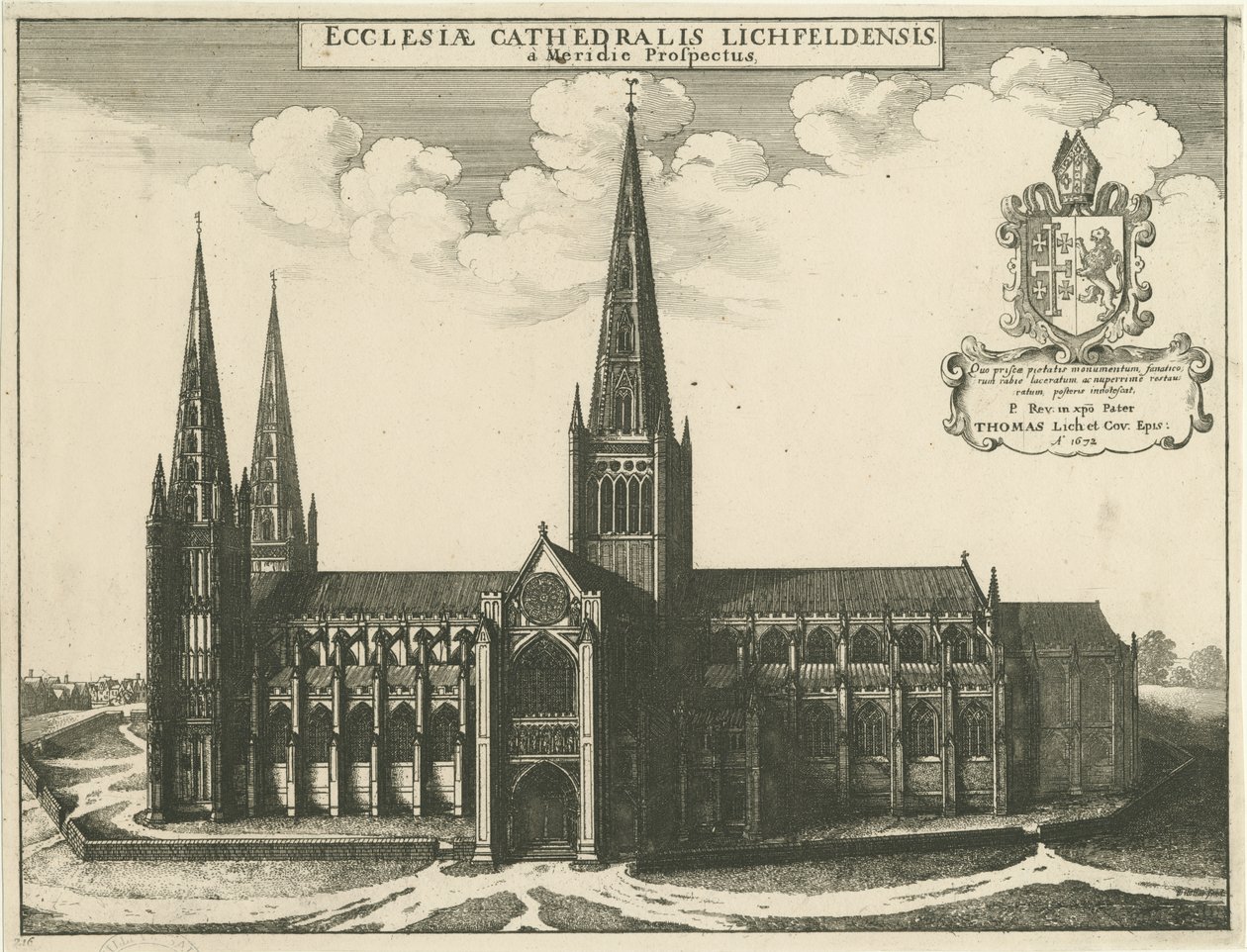 Katedrála Lichfield - South View: rytina, 1672 od Wenceslaus Hollar