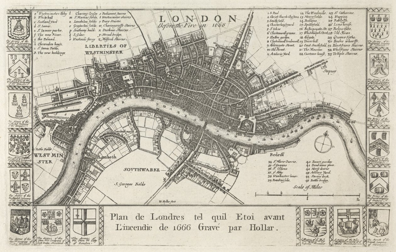 Londýn, před požárem v roce 1666 od Wenceslaus Hollar
