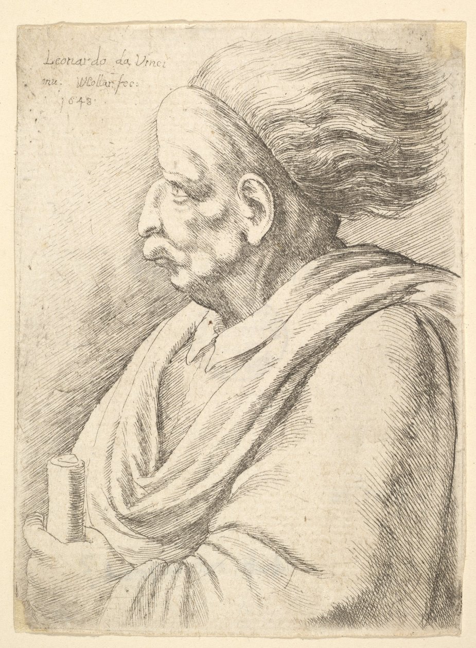 Muž s karikovanými rysy a vzadu vlajícími vlasy, v poloviční délce vlevo, 1648. od Wenceslaus Hollar
