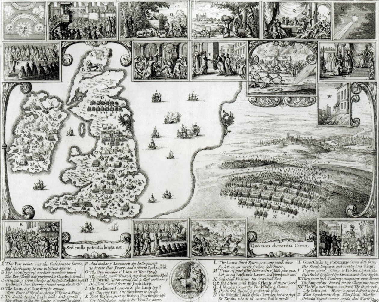 Mapa Anglie za občanské války a pohled na Prahu, 1632 od Wenceslaus Hollar