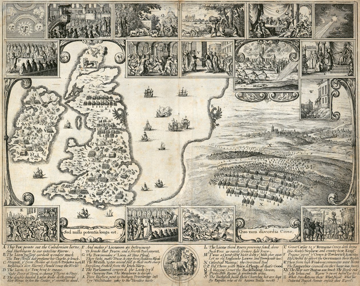 Mapa Britských ostrovů a ilustrace historických událostí 17. století, c1659 od Wenceslaus Hollar