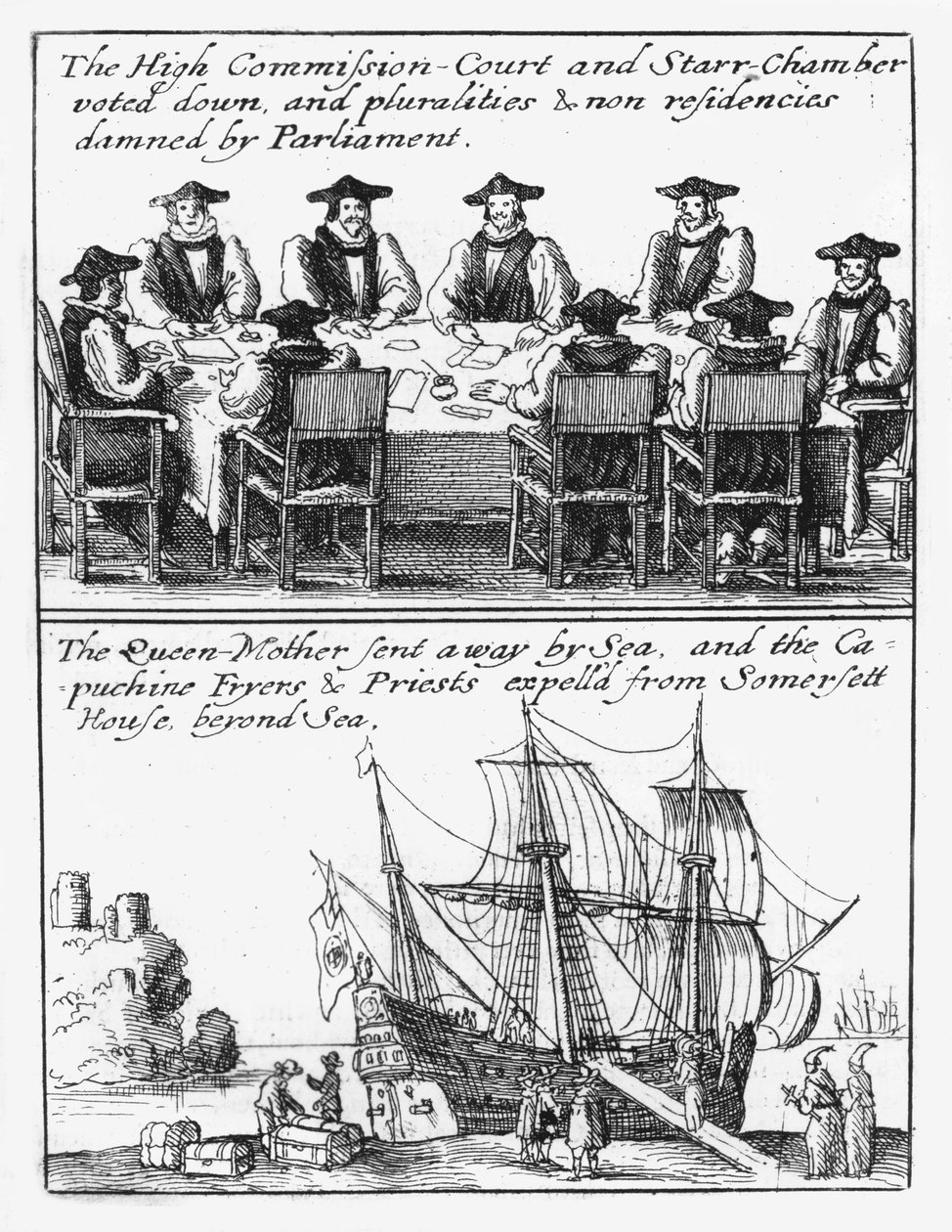 Členové Hvězdné komory; Královna Henrietta Maria se plaví z Anglie od Wenceslaus Hollar