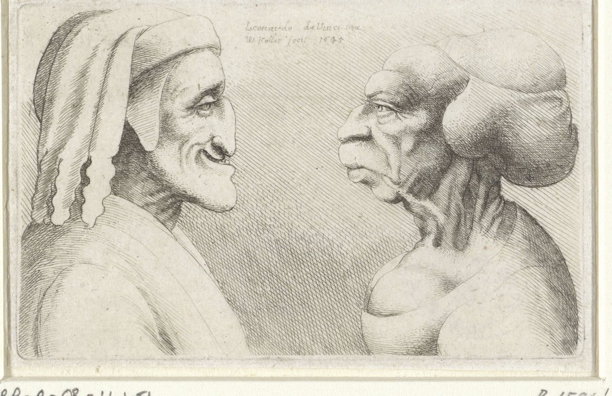 Deformované karikaturní hlavy muže s kloboukem (Dante?) a ženy Varie figurae et probae (název série) Karikatury, hlavy a deformace po Leonardu da Vinci (název série) od Wenceslaus Hollar