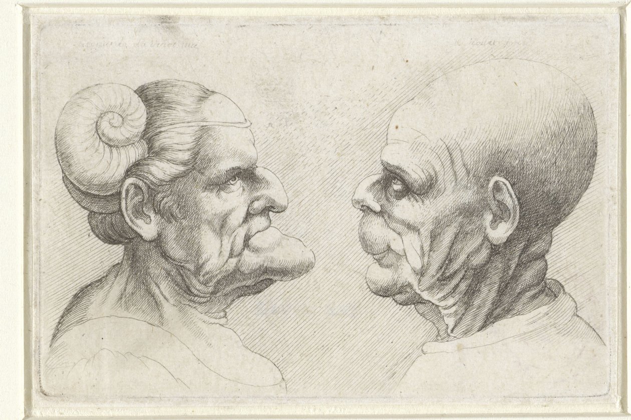 Deformované hlavy holohlavého muže a ženy s rohy na hlavě Varie figurae et probae (název série) Karikatury, hlavy a deformace po Leonardu da Vinci (název série) od Wenceslaus Hollar