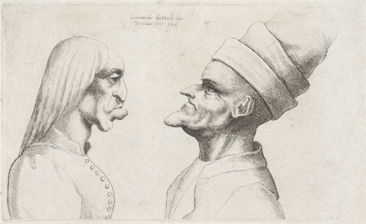 Deformované hlavy ženy s rovnými vlasy a muže s dvojitým kloboukem Varie figurae et probae (název série) Karikatury, hlavy a deformace po Leonardu da Vinci (název série) od Wenceslaus Hollar