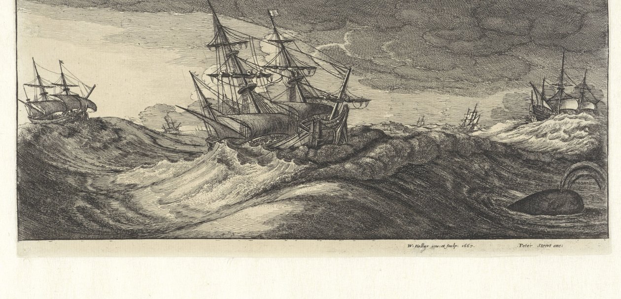 Válečné lodě a velryba v mořské bouři Mořské bouře (název série) od Wenceslaus Hollar