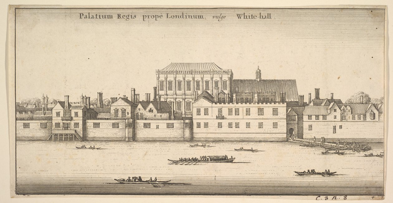 Královský palác poblíž Londýna, běžně známý jako White-hall Royal Palace of Whitehall, Londýn, ca. 1647 od Wenceslaus Hollar