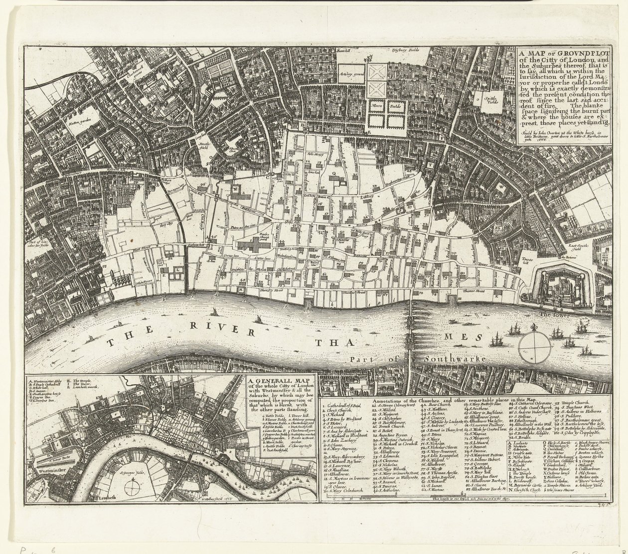 Mapa Londýna po velkém požáru v roce 1666 Mapa nebo pozemek londýnské City a předměstí (...) (název na objektu) od Wenceslaus Hollar
