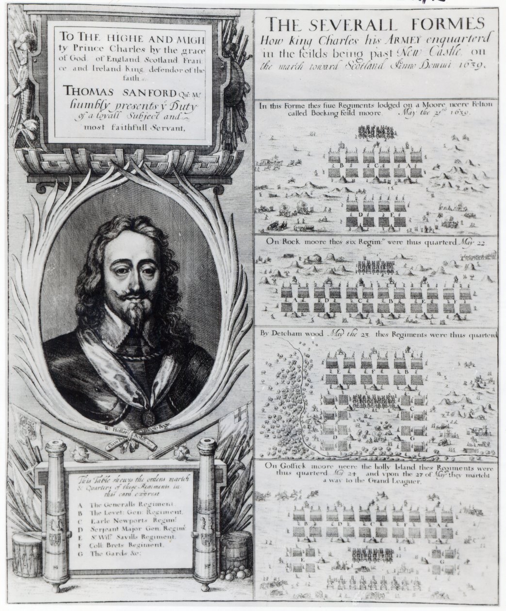 Portrét krále Karla I. s diagramy znázorňujícími formaci jeho vojsk během biskupské války, kolem roku 1639 od Wenceslaus Hollar