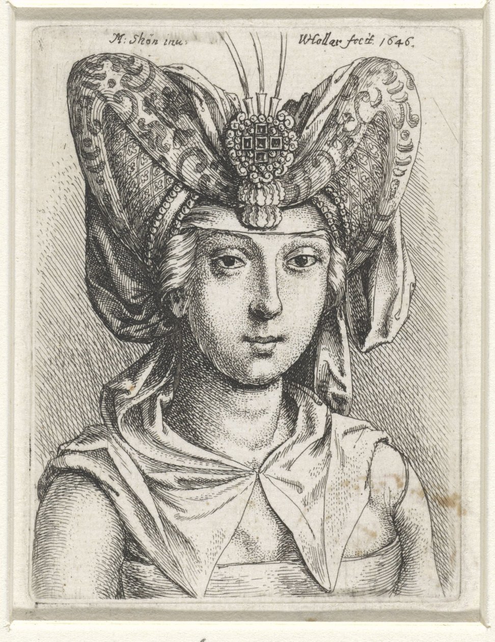 Portrét ženy s bourreletem ve tvaru V na hlavě od Wenceslaus Hollar