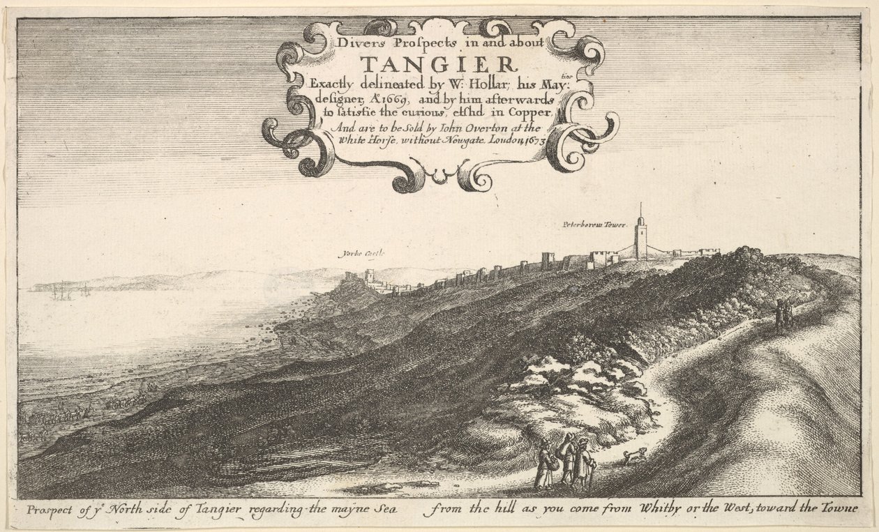 Vyhlídka na vaši severní stranu Tangeru ohledně Mayského moře z kopce, jak přicházíte ..., v roce 1673. od Wenceslaus Hollar