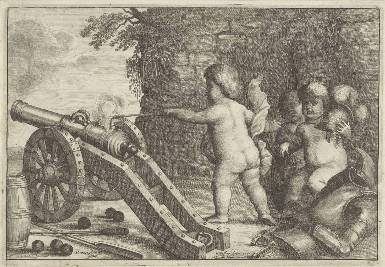 Putti střílející dělo: Element ohně The Four Elements (název série) od Wenceslaus Hollar