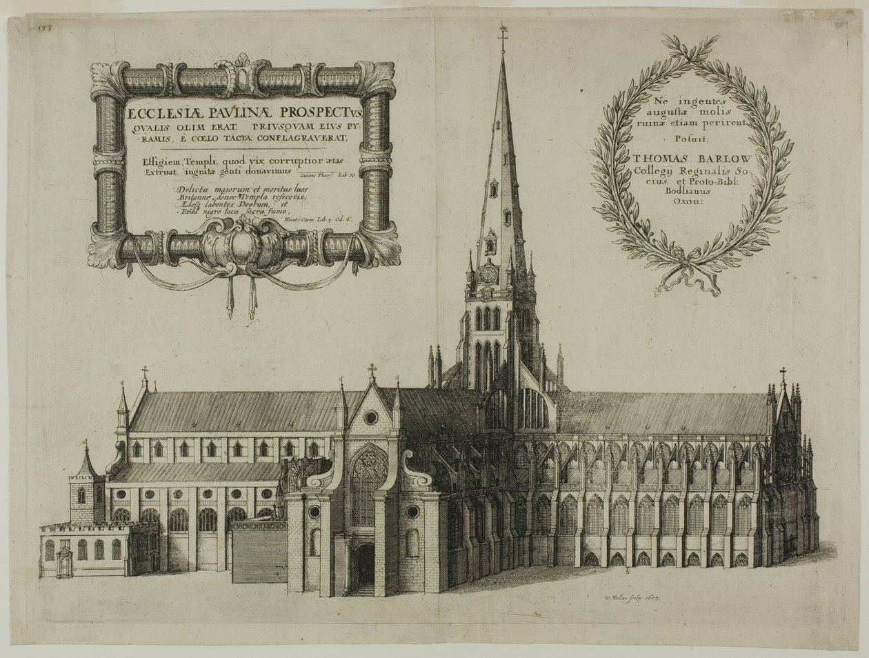 Kostel svatého Pavla od jihu s věží od Wenceslaus Hollar
