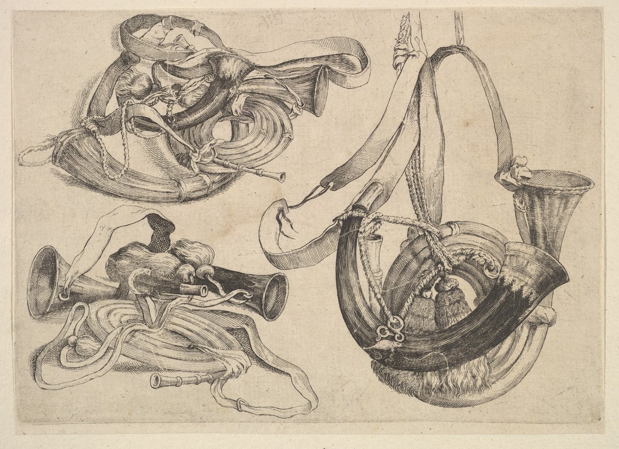 Sedm loveckých rohů ve třech skupinách, 1625-77. od Wenceslaus Hollar