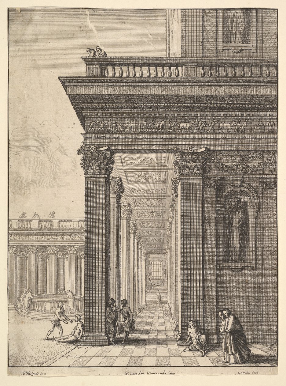Nádvoří chrámu s postavami podle Davida Tenierse staršího, 1625-77. od Wenceslaus Hollar