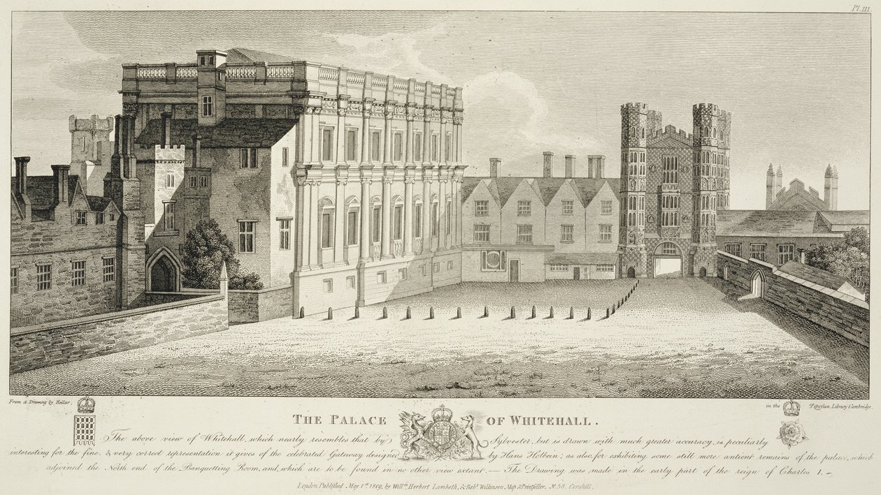 Palác Whitehall, z kresby v Pepysian Library, Cambridge, publikované v roce 1809 od Wenceslaus Hollar