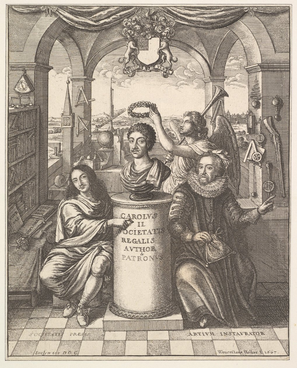 Královská společnost, frontispis Thomase Sprata, Historie královské společnosti v Londýně..., 1667. od Wenceslaus Hollar
