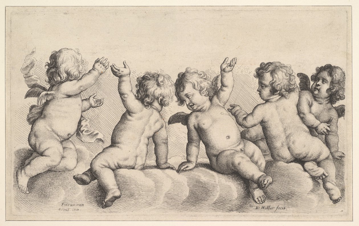 Tři cherubové a dva chlapci na oblacích, 1620-77. od Wenceslaus Hollar