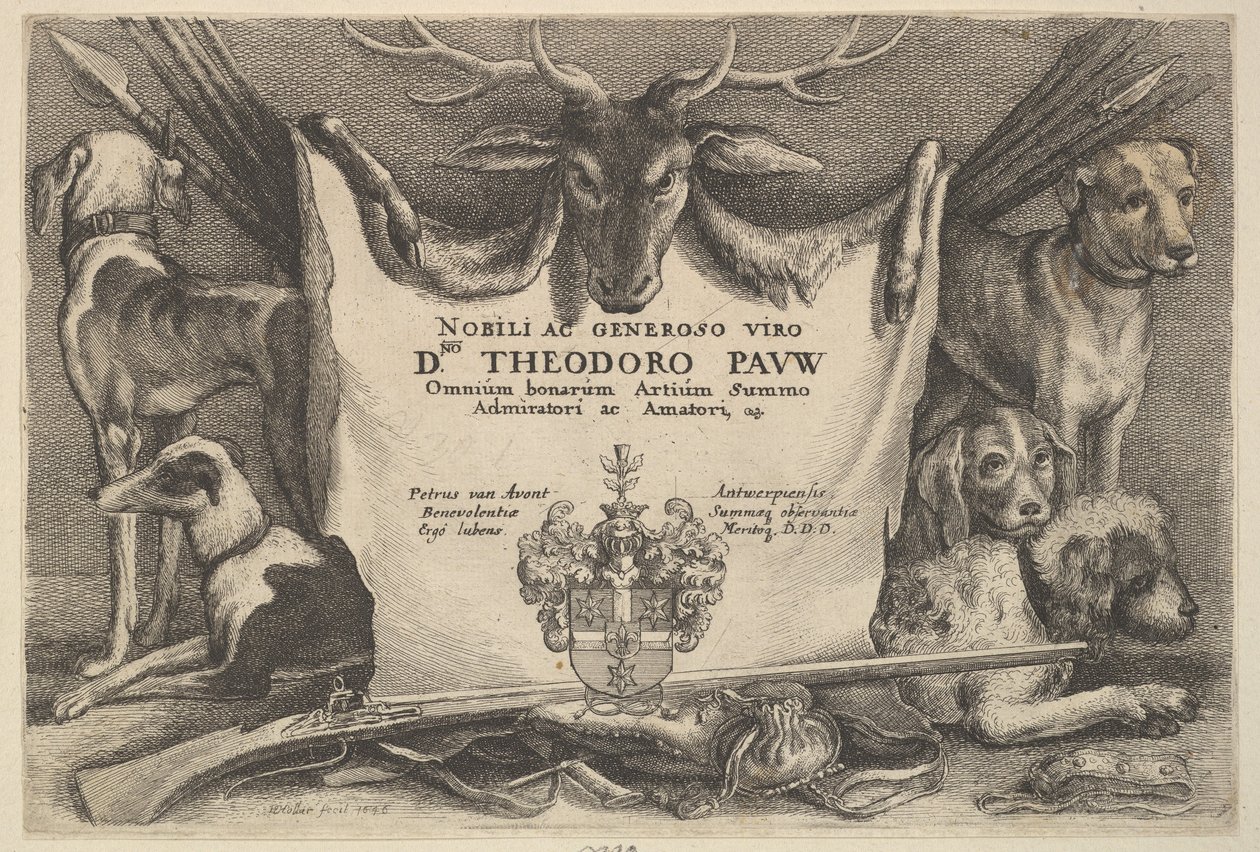 Titulní strana s loveckými psy a loveckými potřebami, 1646. od Wenceslaus Hollar
