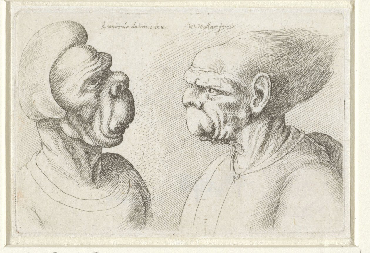 Dvě deformované hlavy Varie figurae et probae (název série) Karikatury, hlavy a deformace po Leonardu da Vinci (název série) od Wenceslaus Hollar