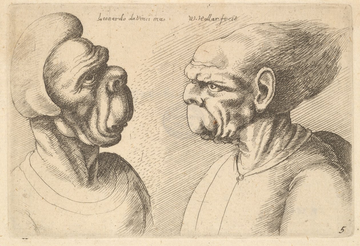 Dvě deformované hlavy obrácené dovnitř, 1625-77. od Wenceslaus Hollar