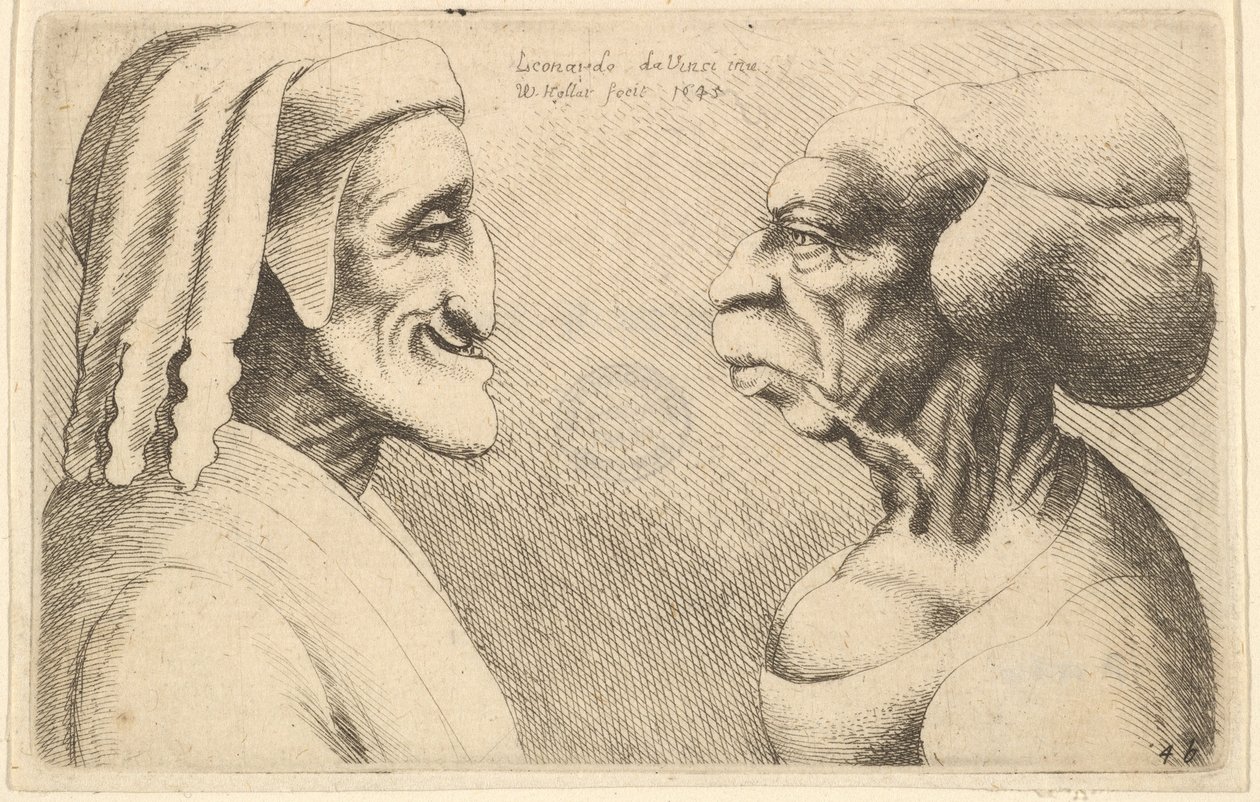 Dvě deformované hlavy, postava vlevo je možná karikatura Dante, 1645. od Wenceslaus Hollar