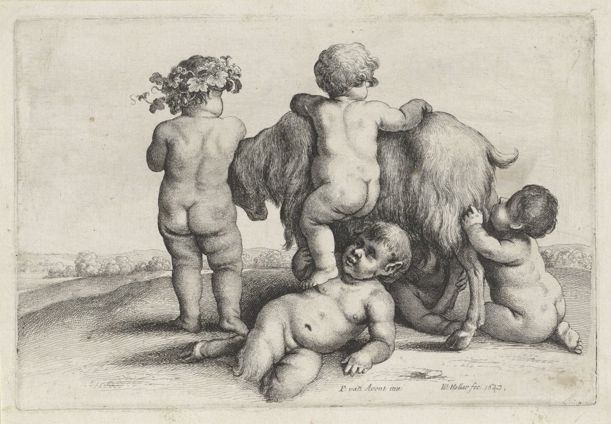 Čtyři chlapci, satyr a koza Putti a Satyrs (název série) od Wenceslaus Hollar