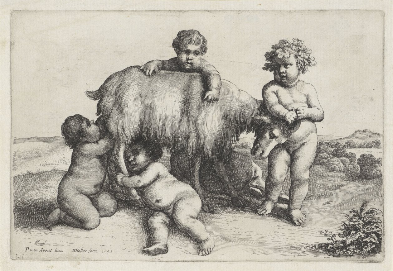 Čtyři chlapci, satyr a koza stojící vpravo Putti a Satyrs (název série) od Wenceslaus Hollar