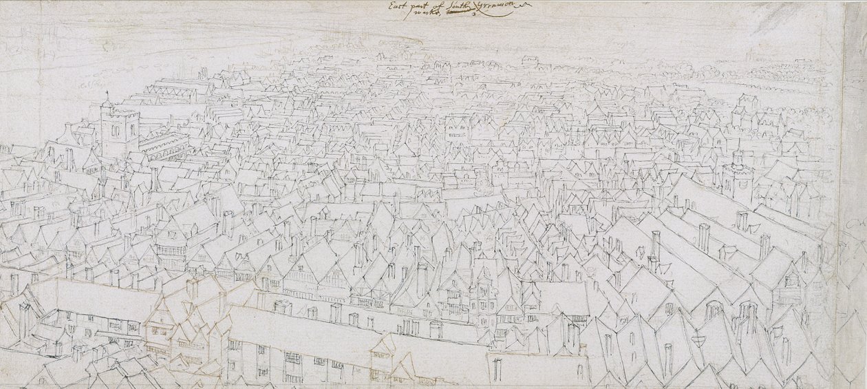 Pohled na východní část Southwarku při pohledu na Greenwich (pero, černý a hnědý inkoust a tužka na položený papír) od Wenceslaus Hollar