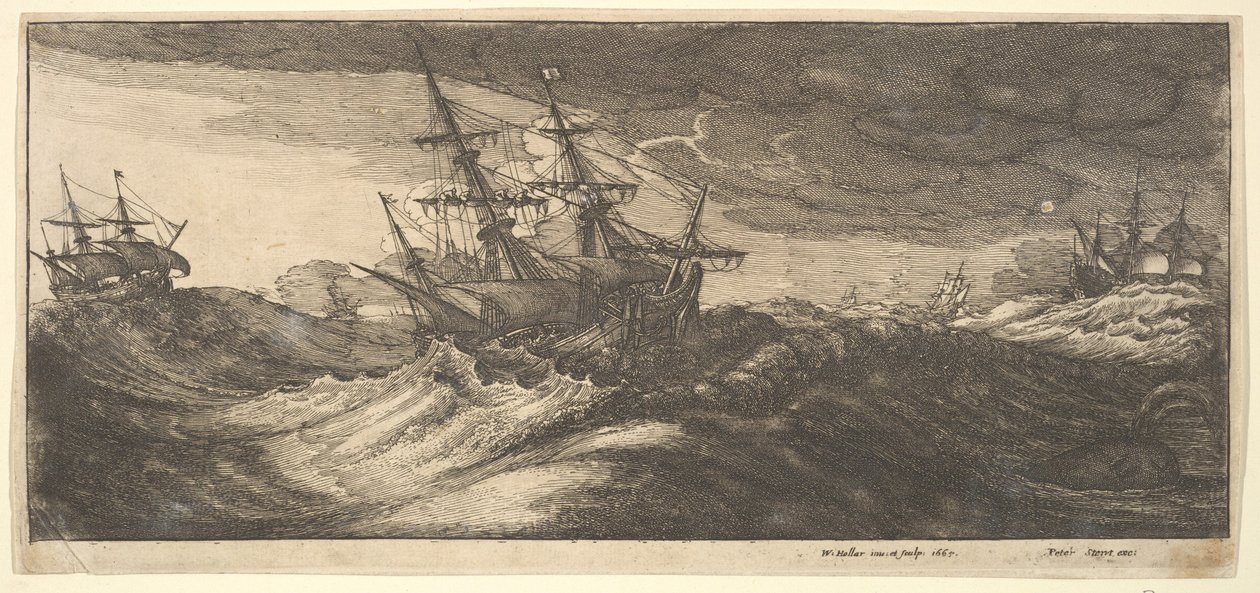 Válečná loď a tryskající velryba, 1665. od Wenceslaus Hollar