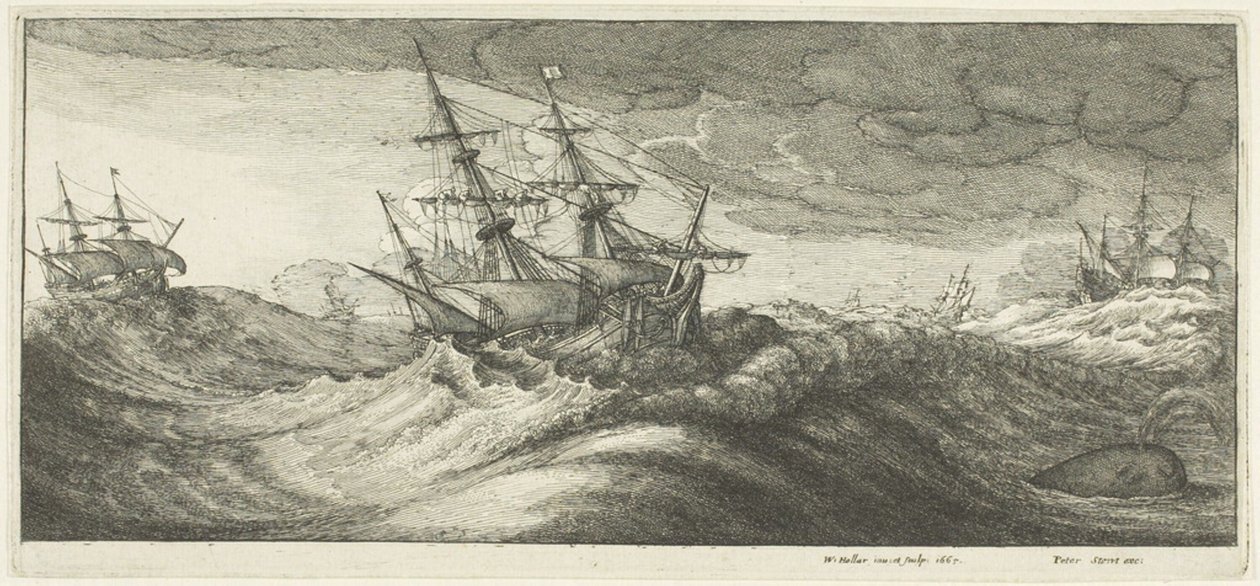 Válečné lodě a tryskající velryba od Wenceslaus Hollar