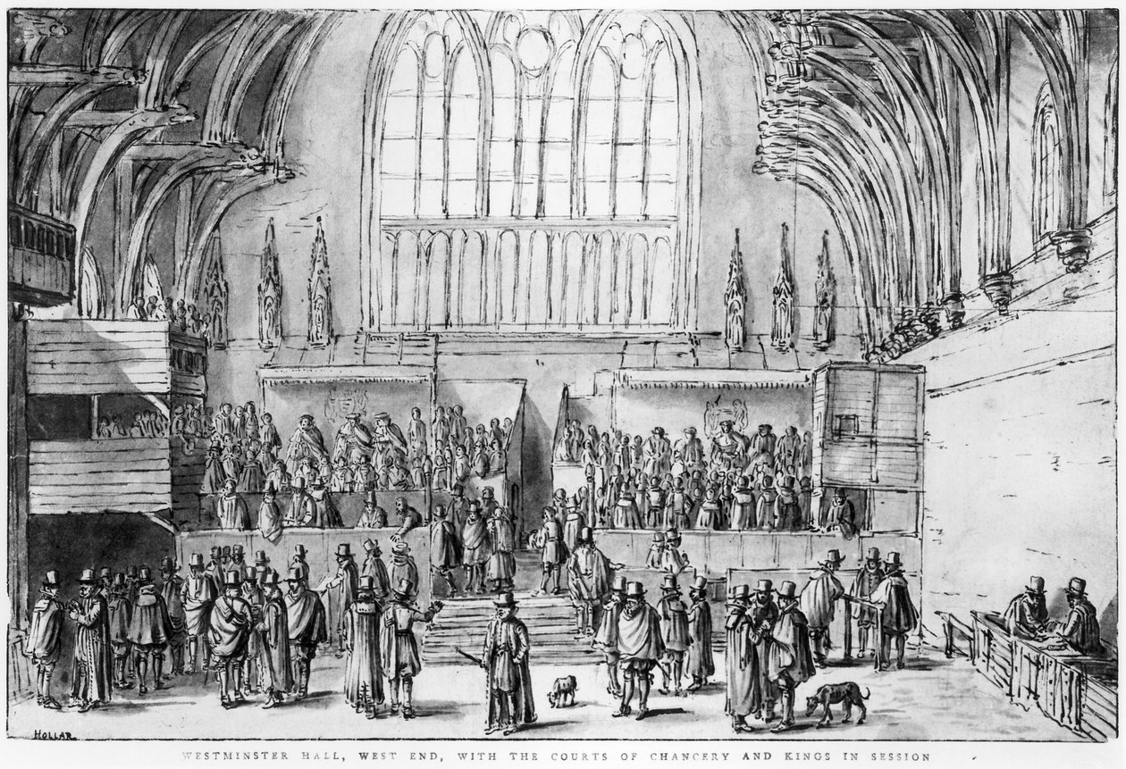 Westminster Hall, West End, s Courts of Chancery a Kings in Session od Wenceslaus Hollar