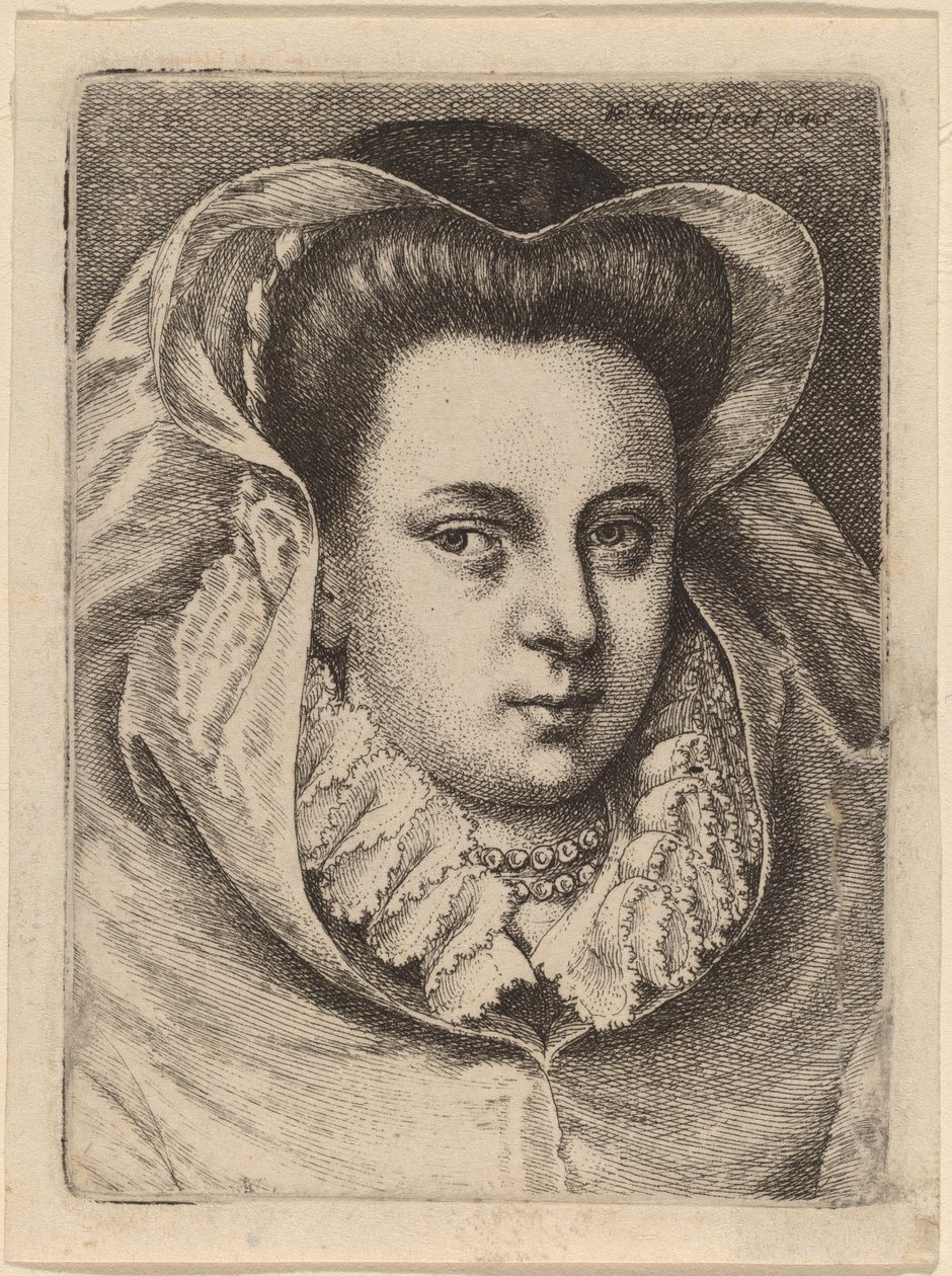 Žena s bílým závojem a černým kloboukem (Mary Stuart?) od Wenceslaus Hollar