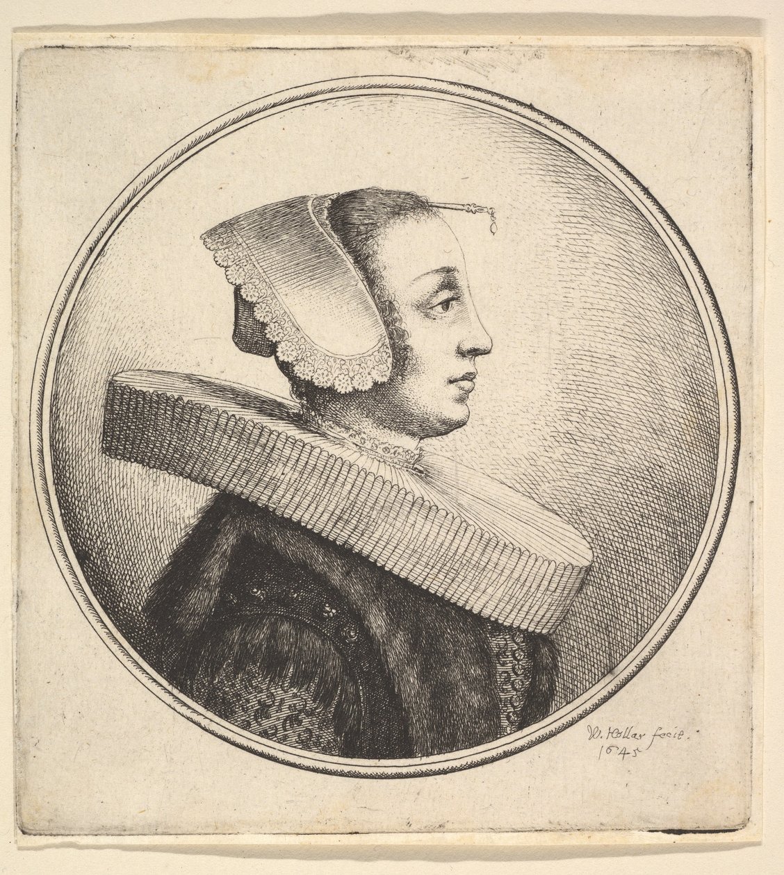 Žena s kulatým volánem, čepicí a jehlicí do vlasů, z profilu vpravo, 1645. od Wenceslaus Hollar