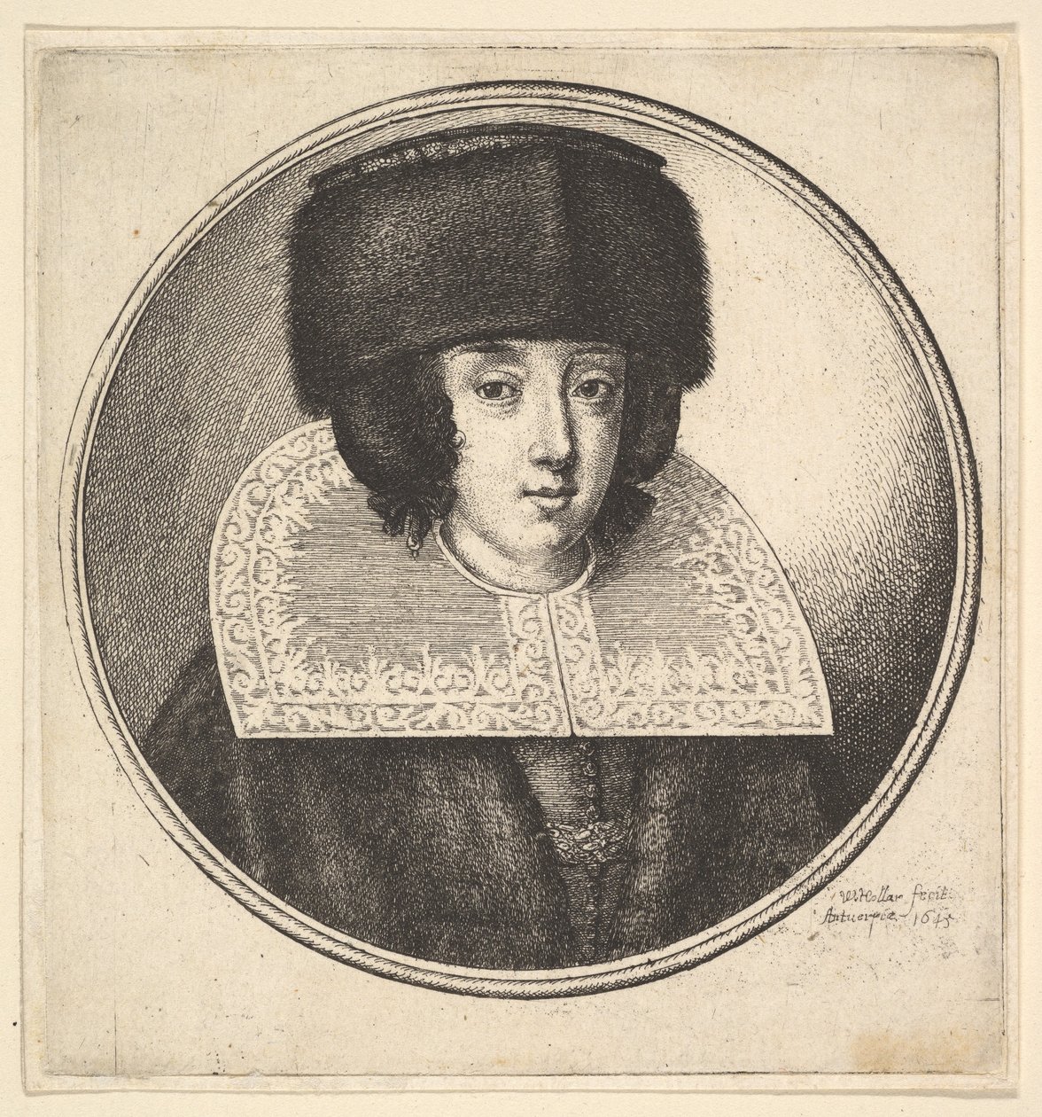 Žena s tuhým krajkovým límcem a kožešinovým kloboukem s plochou korunkou, 1645. od Wenceslaus Hollar