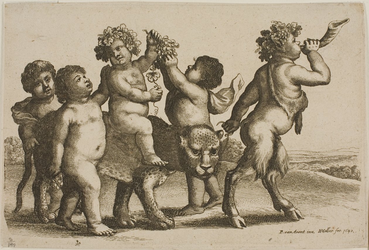 Mladý Bacchus na leopardovi vedený satyrem troubícím na roh od Wenceslaus Hollar
