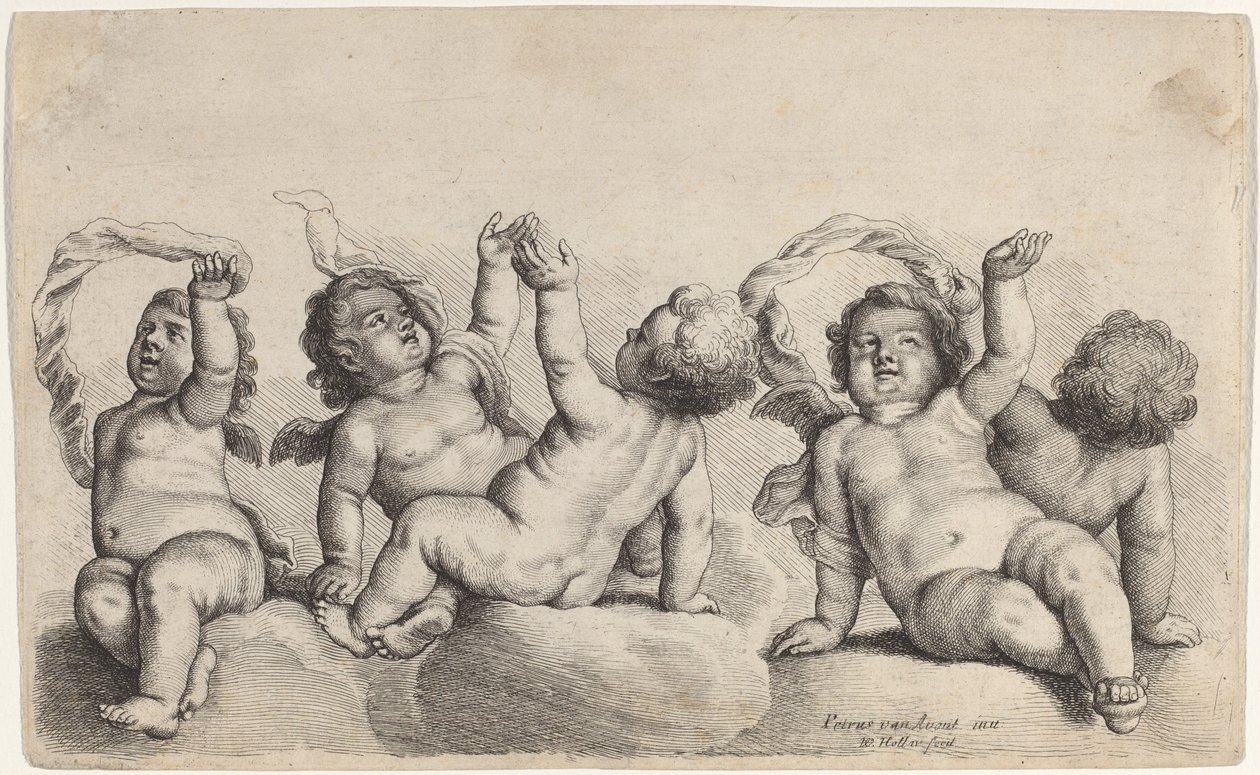 Tři cherubové a dva chlapci zvednou jednu paži na oblacích od Wenceslaus Hollar, after Peeter van Avont
